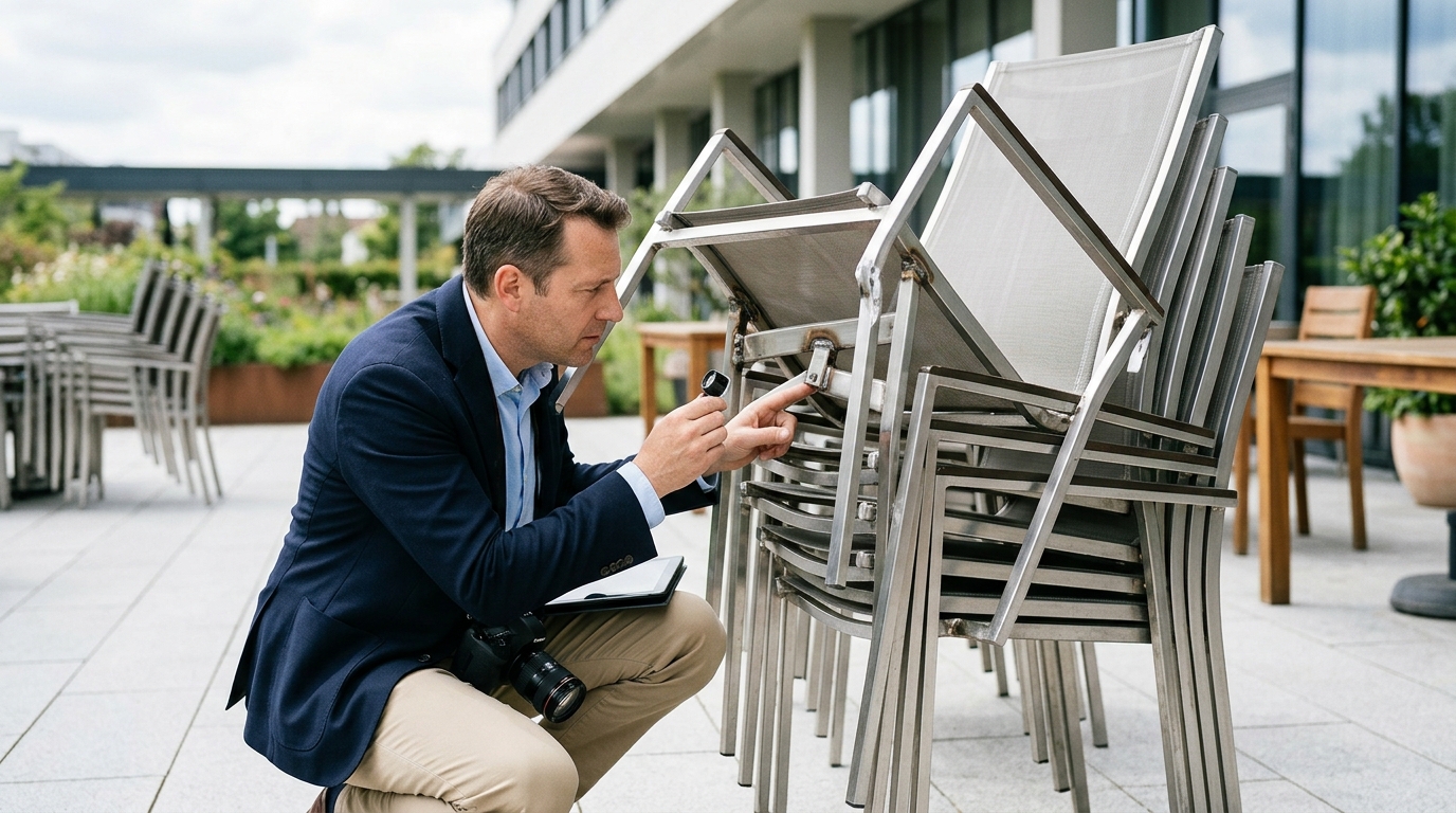 Redaktionelles Titelbild zum Beitrag: Stapelstühle im Außenbereich: Korrosionsschutz an Schweißnähten und Verbindungspunkten