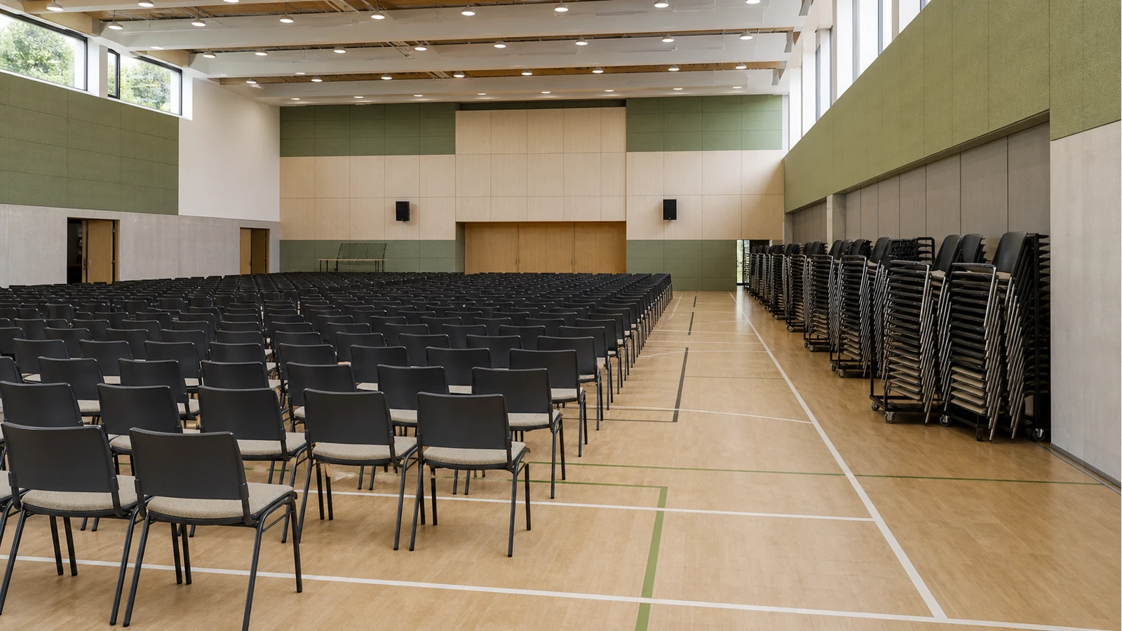 Professionelles redaktionelles Titelbild zum Beitrag: Stapelstühle für Mehrzweckhallen: Robustheit, Reihenplanung und Lagerlogik